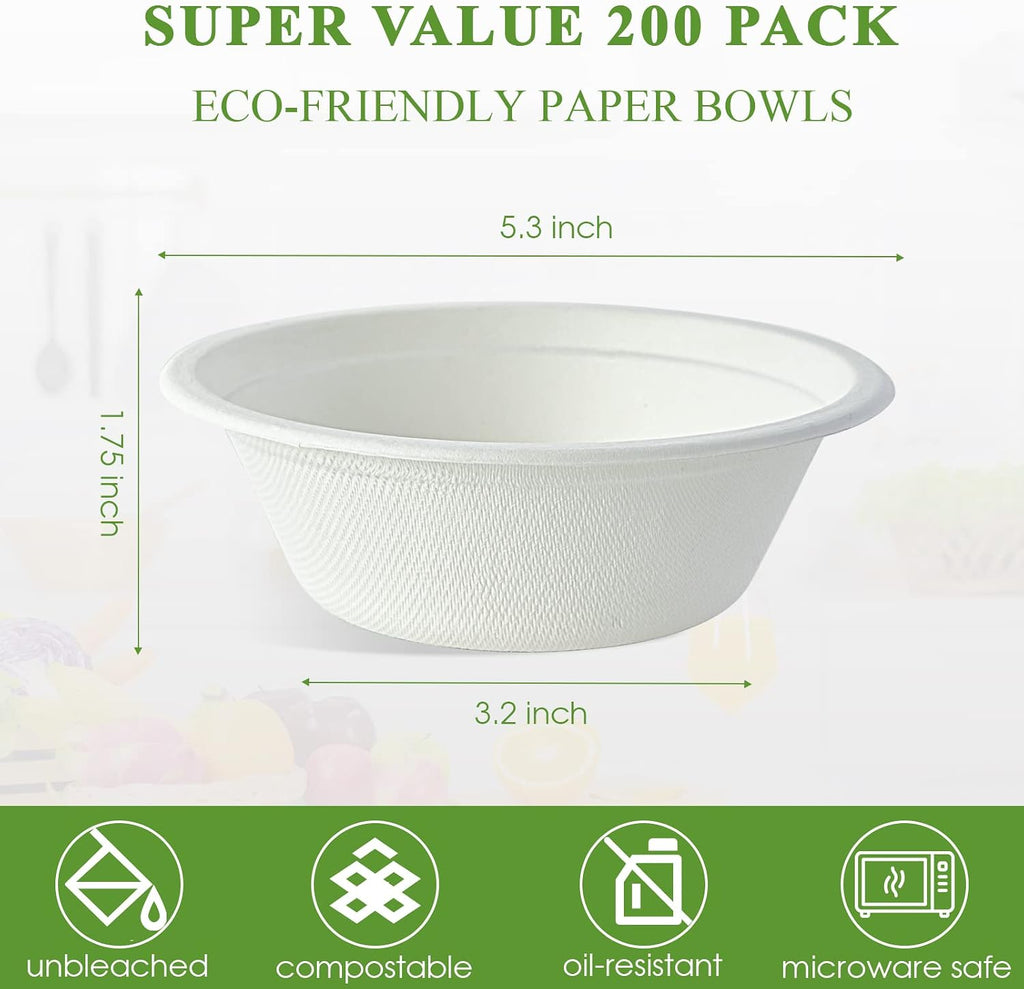 Vplus 200 Pack 12 OZ Paper Bowls  Disposable Compostable Bowls Bulk  Eco-friendly Bagasse Bowls  Heavy-duty Bowls Perfect for Milk Cereals  Snacks  Salads